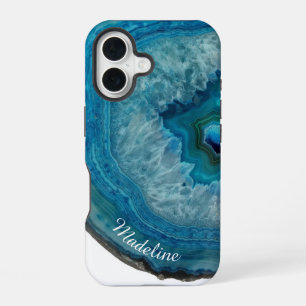 Crystal Blue Geode Slice Personalized iPhone 16 Case