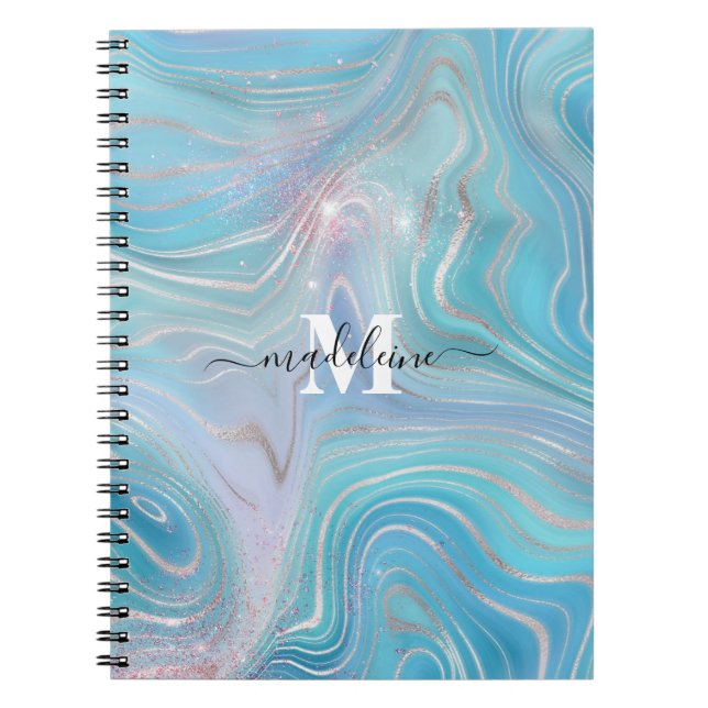 Crystal Blue Marble Geode Iridescent Agate Notebook (Front)