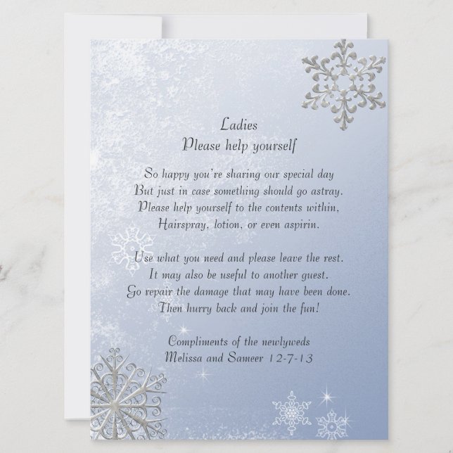 Crystal Blue Winter Snowflake Wedding Basket Sign (Front)