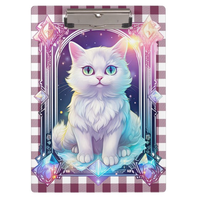 Crystal Cat Purple Black Plaid Cute White Kitten Clipboard (Front)
