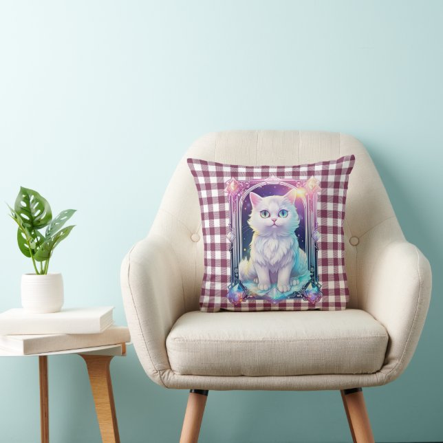 Crystal Cat Purple Black Plaid Cute White Kitten Cushion (Chair)