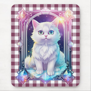 Crystal Cat Purple Black Plaid Cute White Kitten Mouse Pad