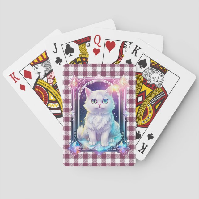 Crystal Cat Purple Black Plaid Cute White Kitten Playing Cards (Back)