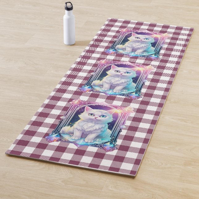 Crystal Cat Purple Black Plaid Cute White Kitten Yoga Mat (In Situ)