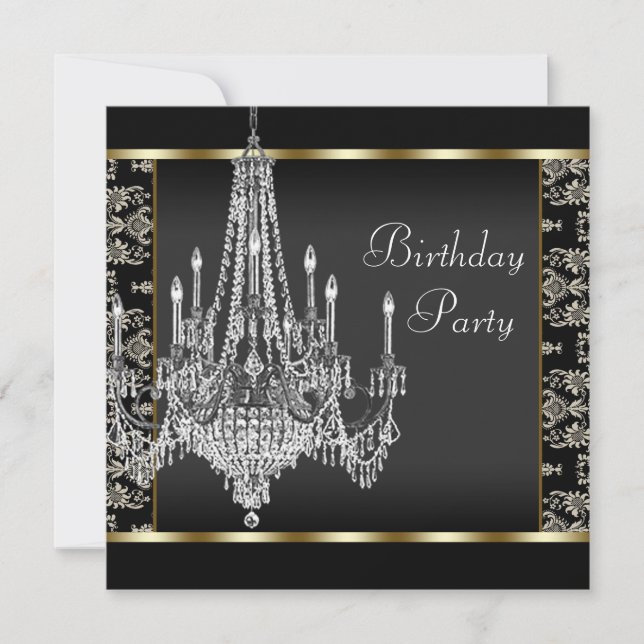 Crystal Chandelier Black Damask Birthday Party Invitation (Front)