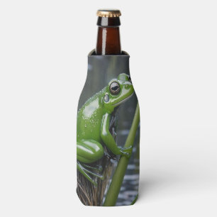 "Crystal Clarity: Green Glass Frog on River Reeds" Bottle Cooler
