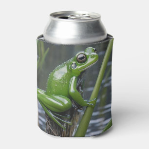 "Crystal Clarity: Green Glass Frog on River Reeds" Can Cooler