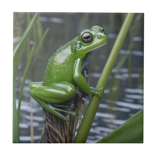 "Crystal Clarity: Green Glass Frog on River Reeds" Ceramic Tile (Front)