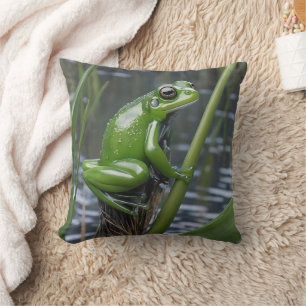 "Crystal Clarity: Green Glass Frog on River Reeds" Cushion