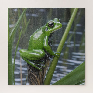 "Crystal Clarity: Green Glass Frog on River Reeds" Jigsaw Puzzle