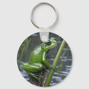 "Crystal Clarity: Green Glass Frog on River Reeds" Key Ring