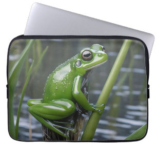 "Crystal Clarity: Green Glass Frog on River Reeds" Laptop Sleeve