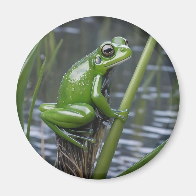 "Crystal Clarity: Green Glass Frog on River Reeds" Magnet (Front)
