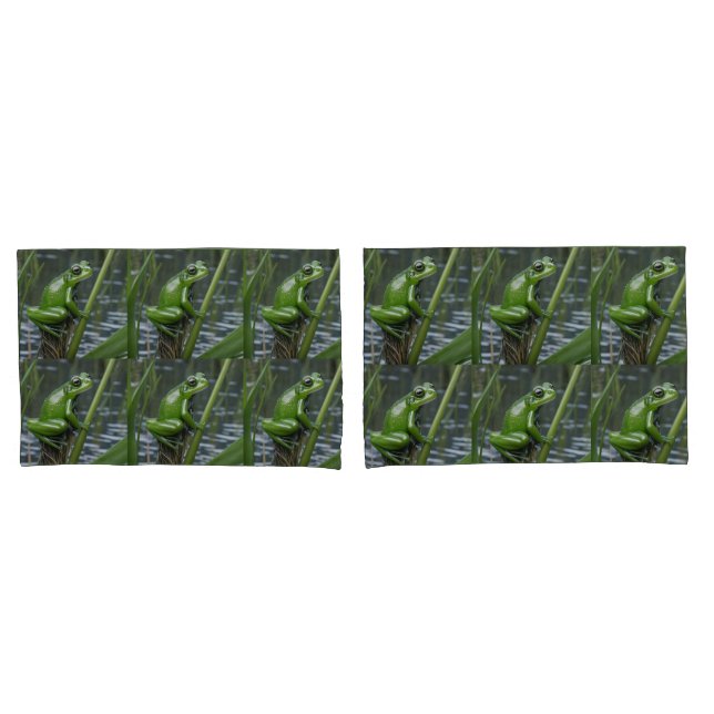 "Crystal Clarity: Green Glass Frog on River Reeds" Pillowcase (Front-Set)