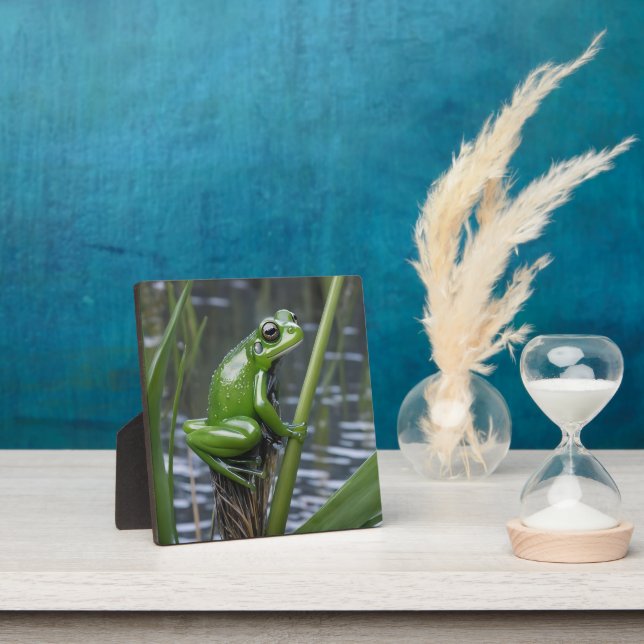 "Crystal Clarity: Green Glass Frog on River Reeds" Plaque (Insitu)