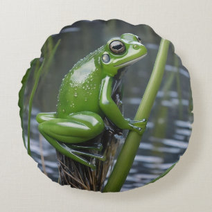 "Crystal Clarity: Green Glass Frog on River Reeds" Round Cushion