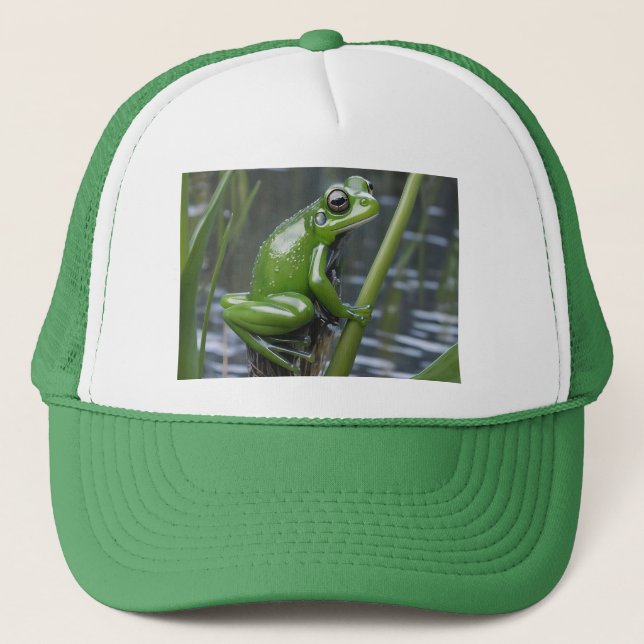"Crystal Clarity: Green Glass Frog on River Reeds" Trucker Hat (Front)