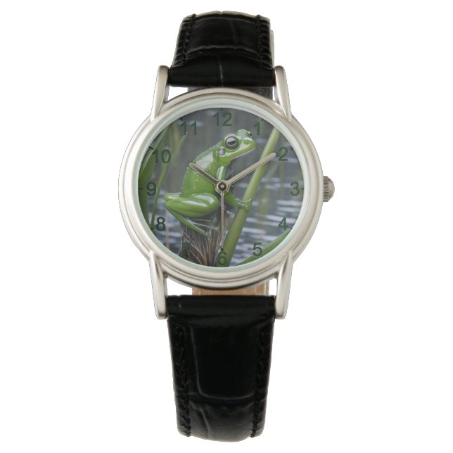 "Crystal Clarity: Green Glass Frog on River Reeds" Watch (Front)