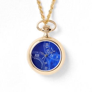 Crystal Cobalt RN Faced Gold Necklace Watch