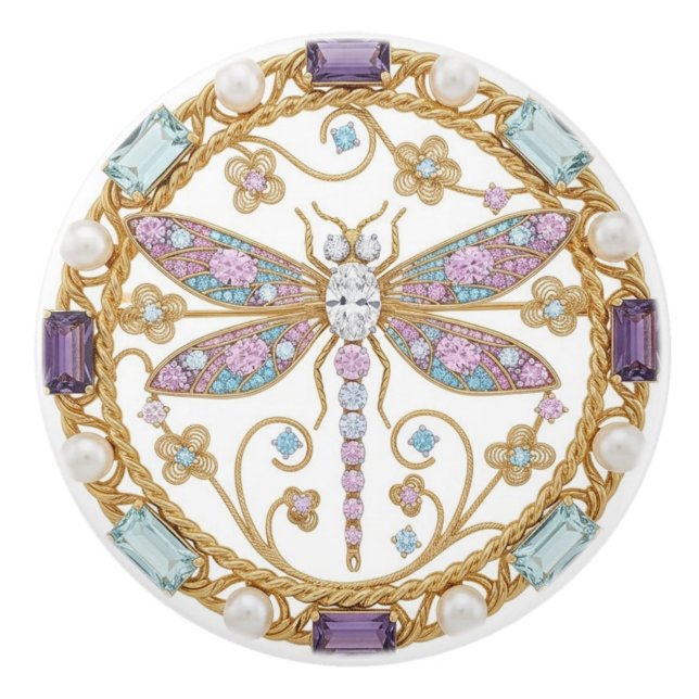 Crystal Dragonfly with faux 2D graphic gemstones Ceramic Knob (Front)