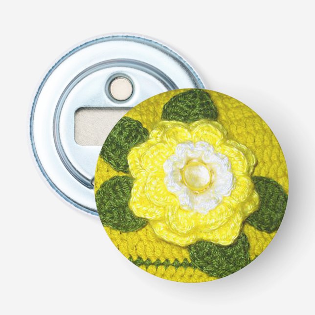 Crystal Gem Yellow Rose Green Leaves Crochet Print Bottle Opener (Front)