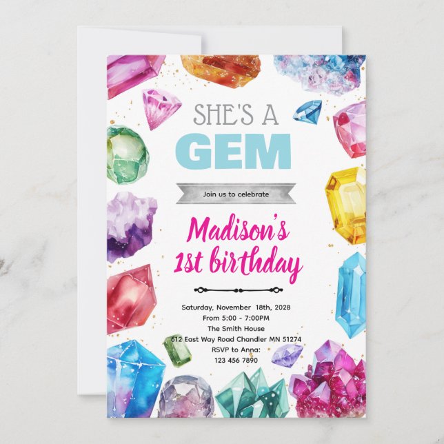 Crystal Gemstone Birthday Invitation (Front)