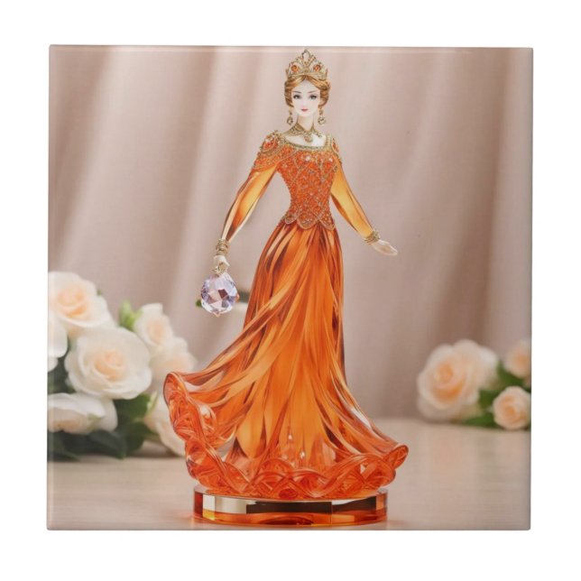 Crystal glass princess with orange dress ceramic tile (Front)