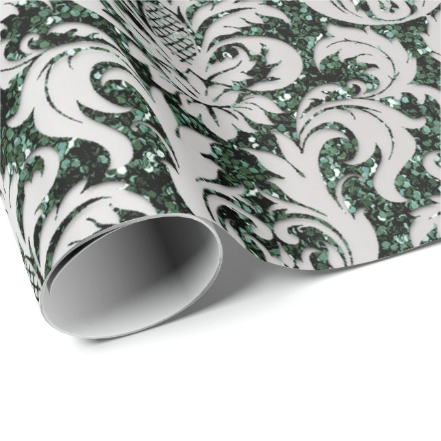 Crystal Glitter Cali Green Grey Silver Damask Wrapping Paper (Roll Corner)