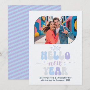 Crystal Glow Hello New Year Blue Retro Photo Holiday Card