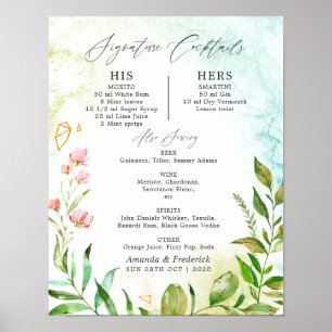 Crystal Greenery Wedding Signature Cocktails Poster