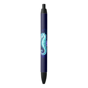 Crystal Ice Seahorse on Blue Background Black Ink Pen