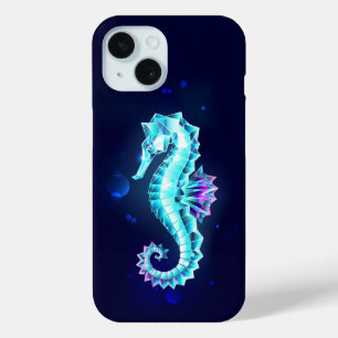 Crystal Ice Seahorse on Blue Background iPhone 15 Case