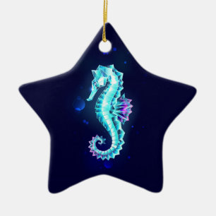 Crystal Ice Seahorse on Blue Background Ceramic Ornament