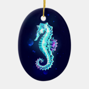 Crystal Ice Seahorse on Blue Background Ceramic Ornament