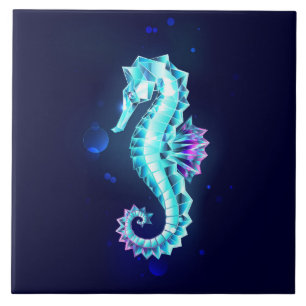 Crystal Ice Seahorse on Blue Background Ceramic Tile