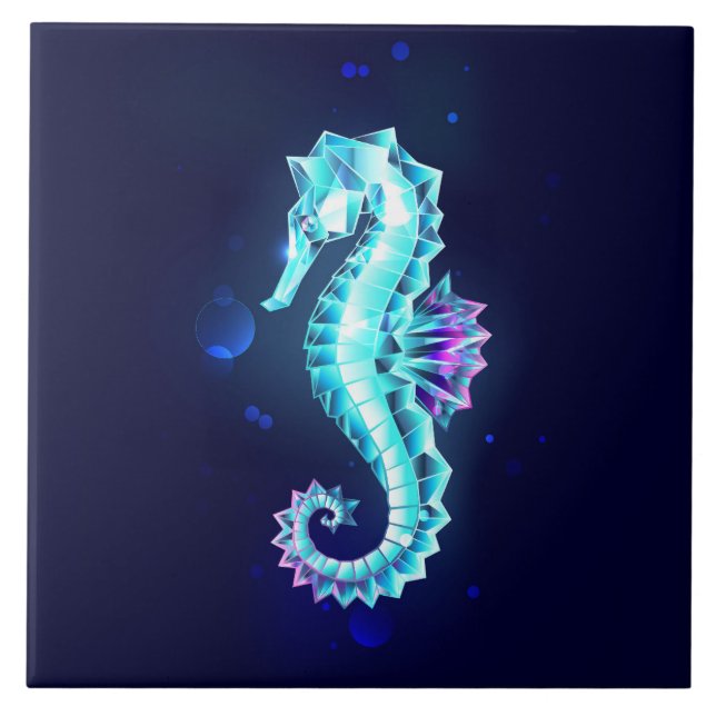 Crystal Ice Seahorse on Blue Background Ceramic Tile (Front)