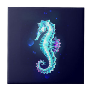 Crystal Ice Seahorse on Blue Background Ceramic Tile