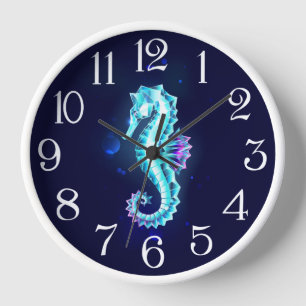 Crystal Ice Seahorse on Blue Background Clock