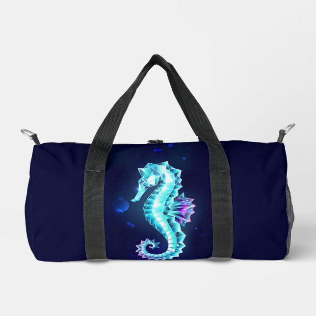 Crystal Ice Seahorse on Blue Background Duffle Bag (Front)