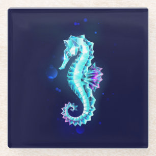 Crystal Ice Seahorse on Blue Background Glass Coaster