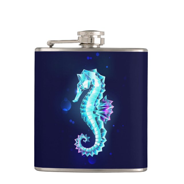 Crystal Ice Seahorse on Blue Background Hip Flask (Front)