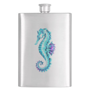 Crystal Ice Seahorse on Blue Background Hip Flask
