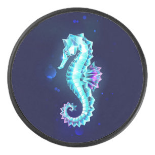Crystal Ice Seahorse on Blue Background Hockey Puck