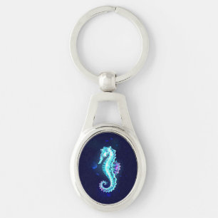 Crystal Ice Seahorse on Blue Background Key Ring