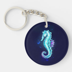 Crystal Ice Seahorse on Blue Background Key Ring