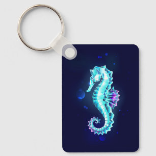 Crystal Ice Seahorse on Blue Background Key Ring