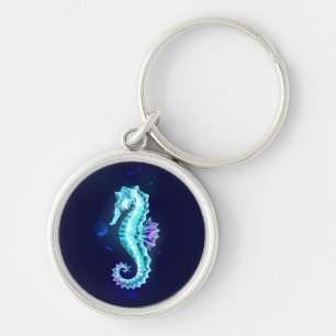Crystal Ice Seahorse on Blue Background Key Ring