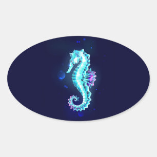 Crystal Ice Seahorse on Blue Background Oval Sticker