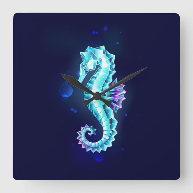 Crystal Ice Seahorse on Blue Background Square Wall Clock (Front)