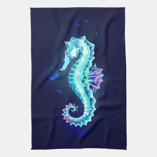 Crystal Ice Seahorse on Blue Background Tea Towel (Vertical)